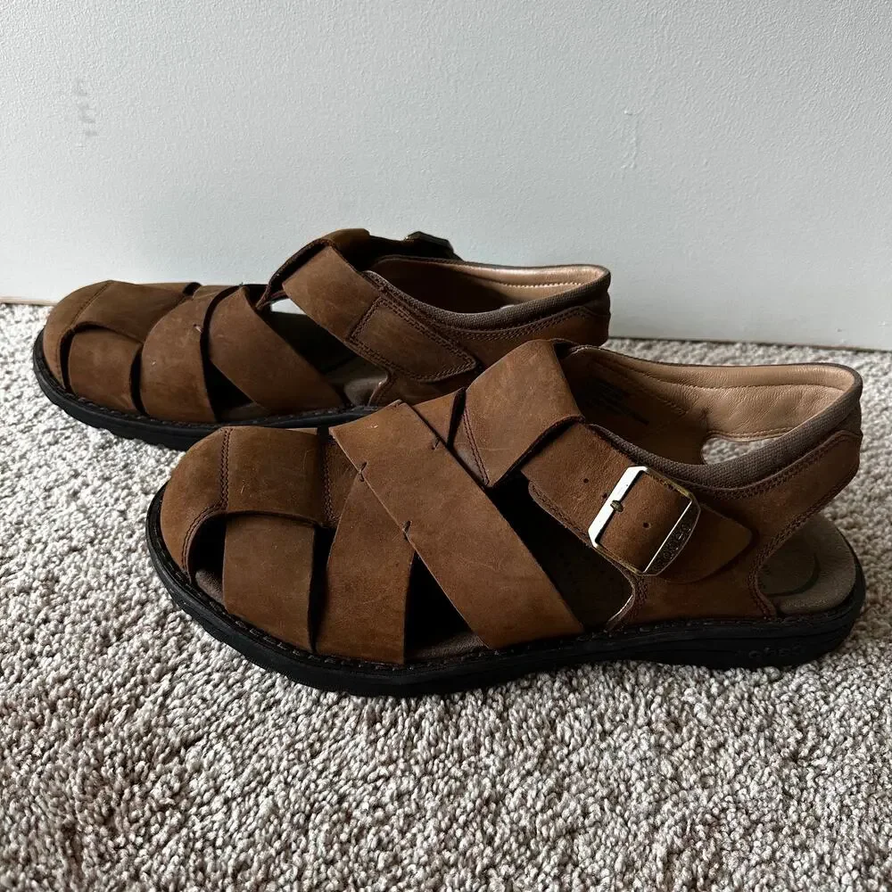 Abeo Brandon Neutral Leather Fisherman Sandals Leather Brown Mens 10 Bio Systems